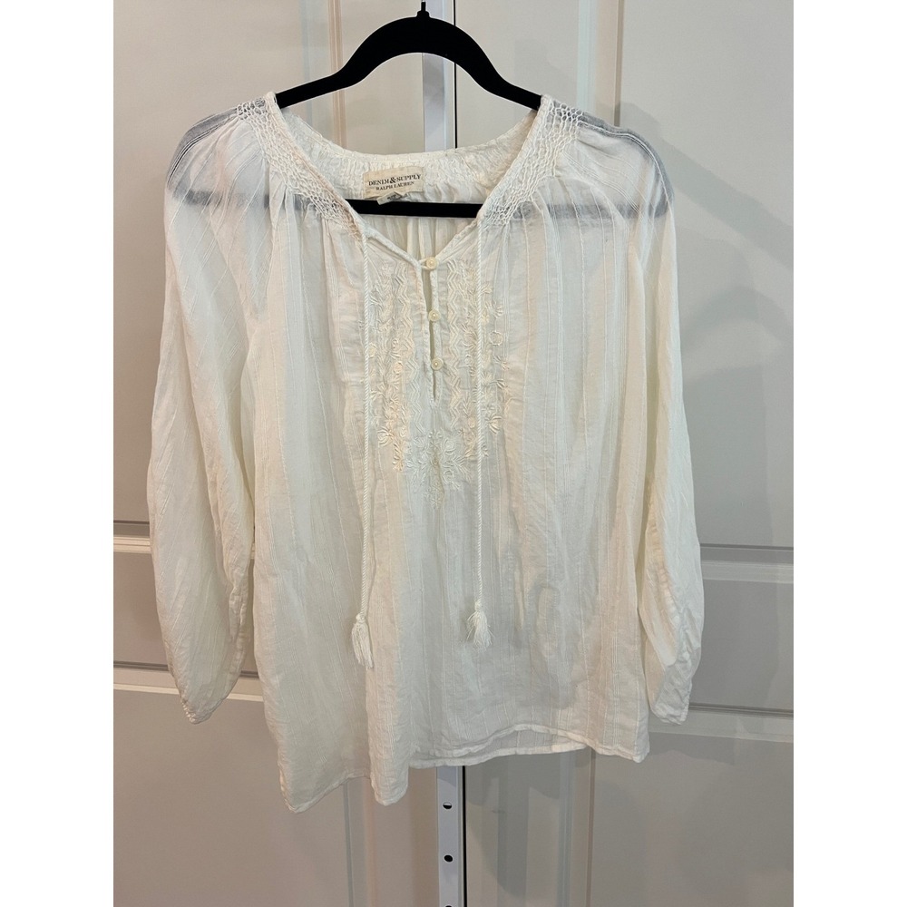 Denim & Supply Ralph Lauren White Cotton Embroidered Peasant Blouse Tassel L - Picture 2 of 7